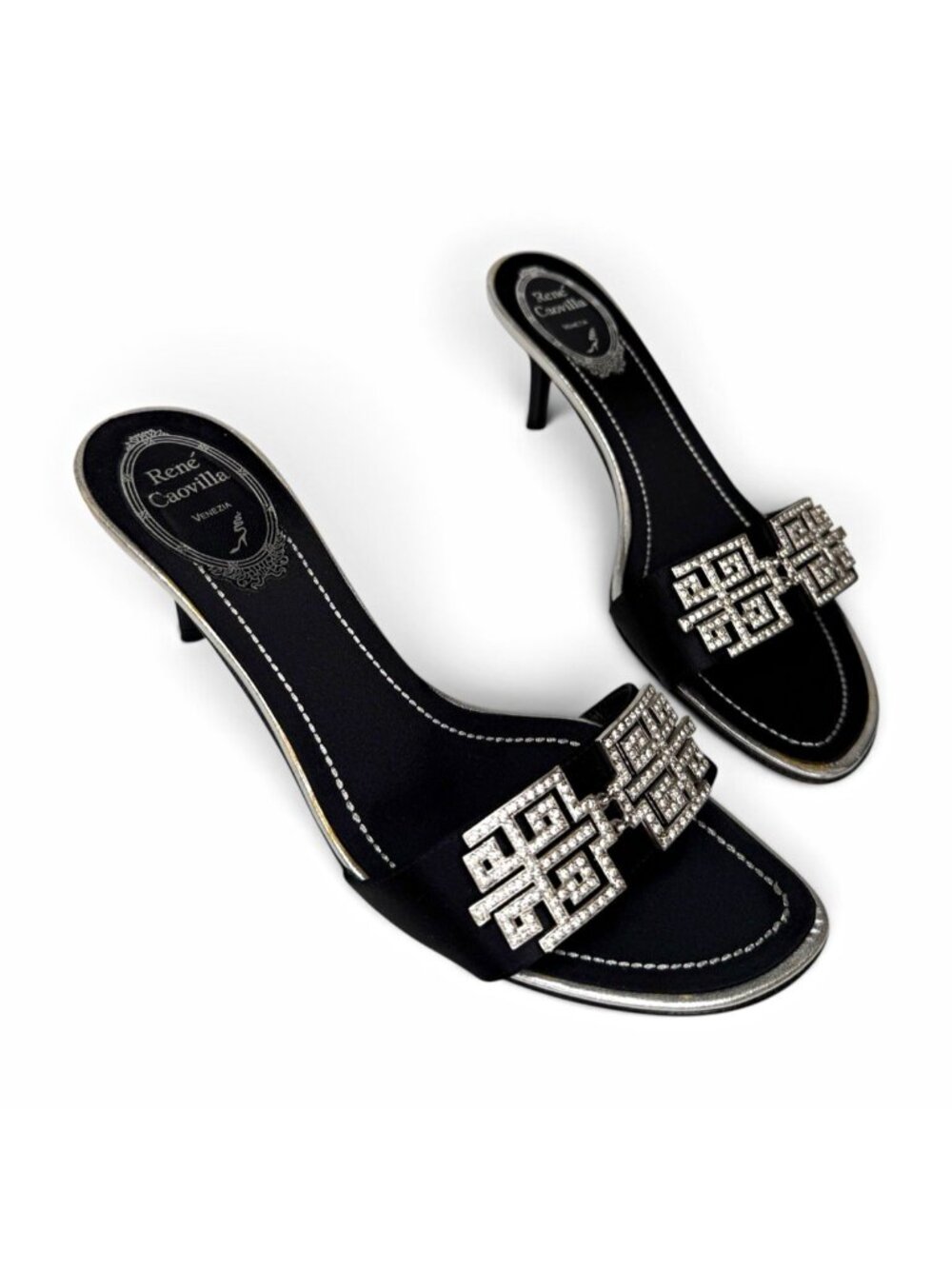 René Caovilla 36.5 Black Satin Rhinestone Buckle Slip On Open Toe Mule Heels